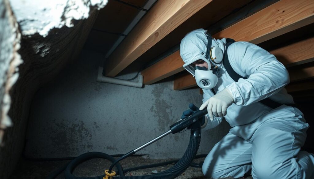 Professional technician in protective gear performing crawlspace mold remediation