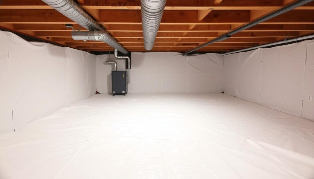 Properly encapsulated crawlspace with vapor barrier and dehumidifier