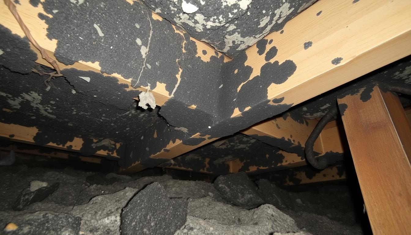 Severe black mold growth in a residential crawlspace requiring professional remediation