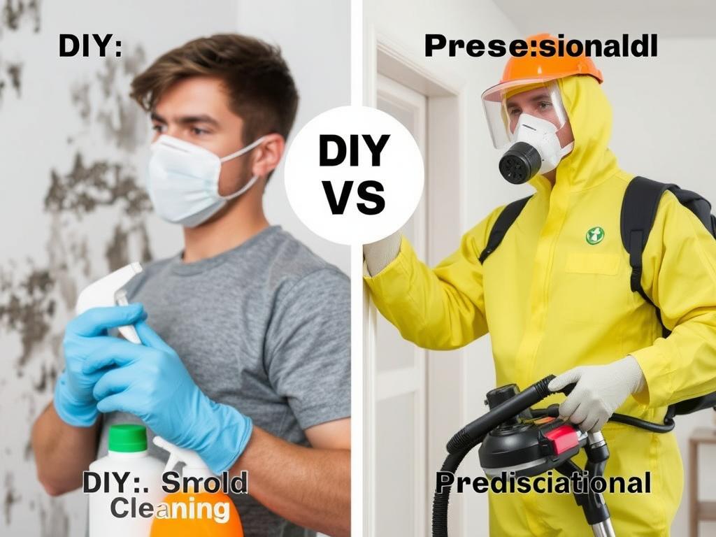 Side-by-side comparison of DIY vs professional mold remediation showing how much does mold remediation cost differs
