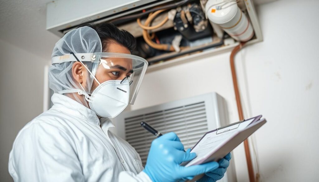 Technician assessing factors that affect hvac mold remediation cost Technician assessing factors that affect hvac mold remediation cost