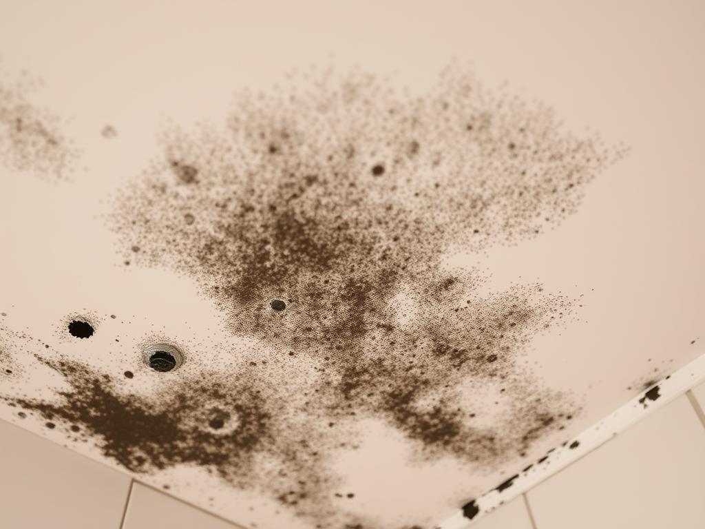 Visible black mold growth on a bathroom ceiling Visible black mold growth on a bathroom ceiling