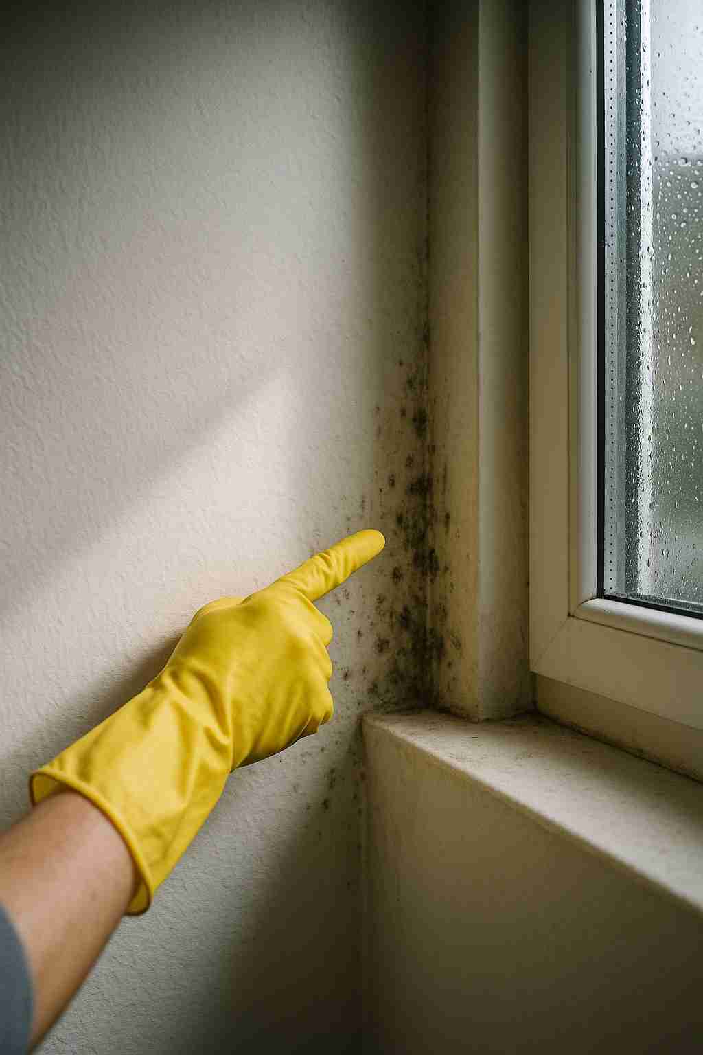 Close-up of black mold growth on bathroom wall showing early signs of mold in house