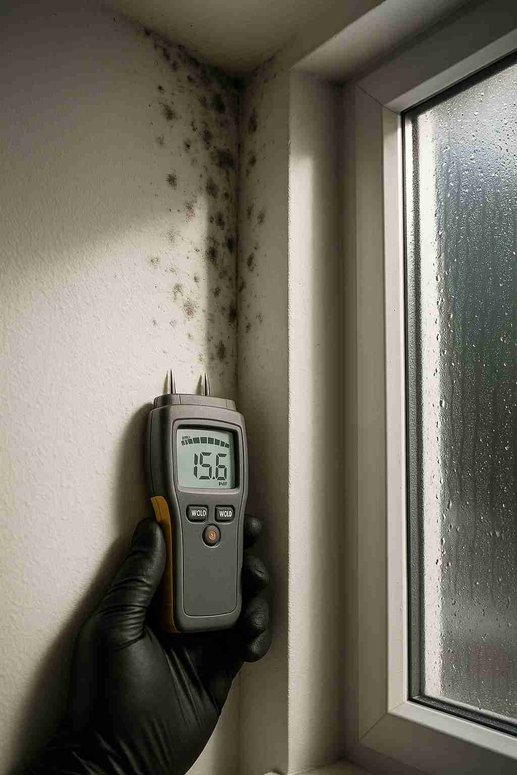 Professional mold inspector using moisture meter to detect hidden moisture behind walls
