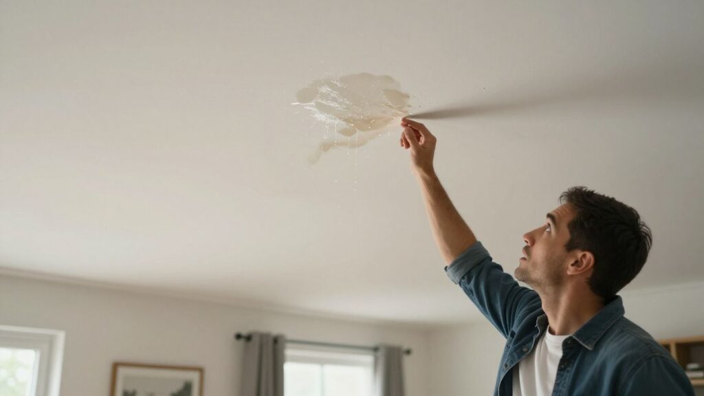 Homeowner looking at water damage in ceiling.