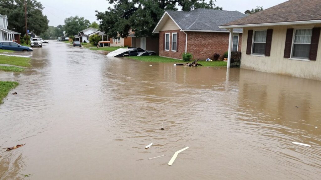 Flooded Waco street with damaged homes and submerged vehicles.