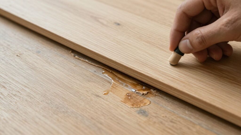 Repairing water-damaged wood floor with sanding.