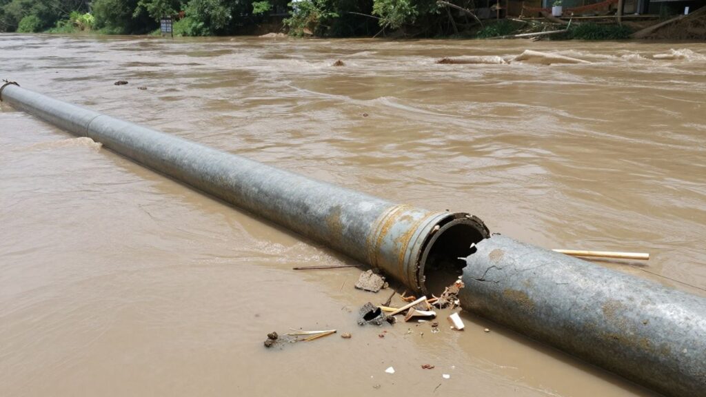 Damaged water pipeline in floodwaters