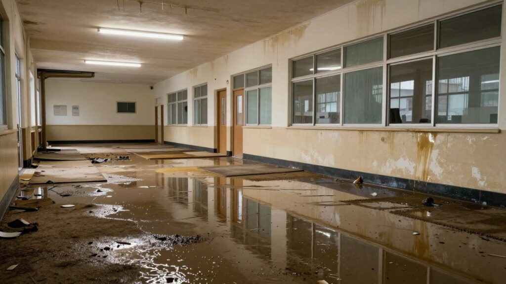 School interior with severe water damage and puddles.