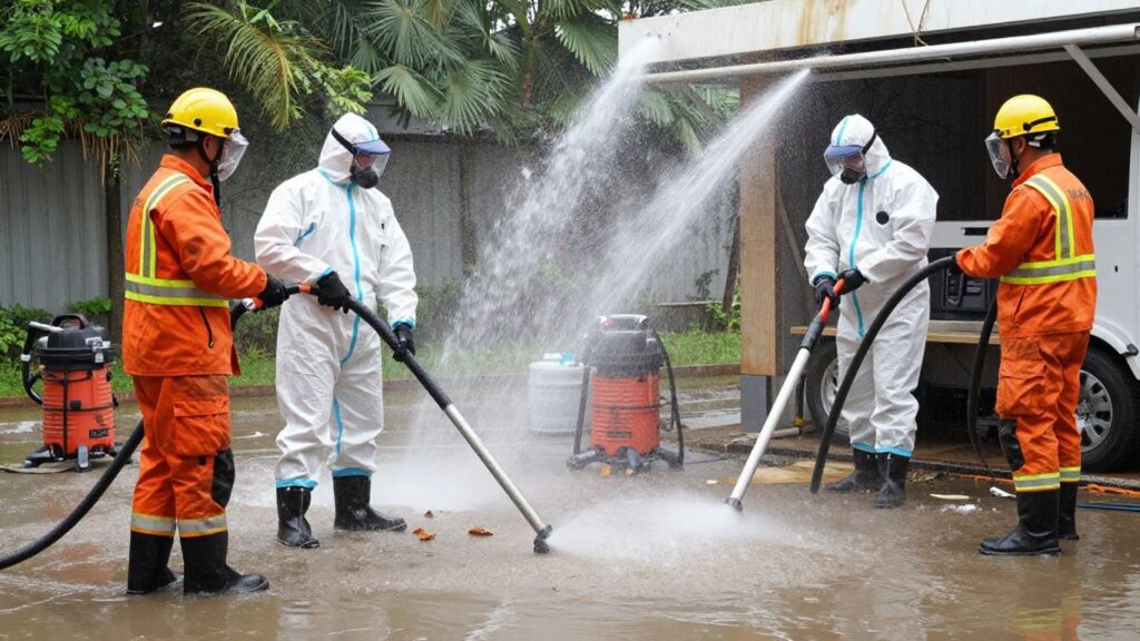 Flood restoration team working to dry a damaged room.