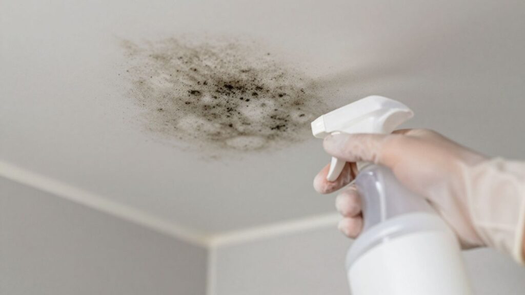 Cleaning mold from a bathroom ceiling with a spray bottle.