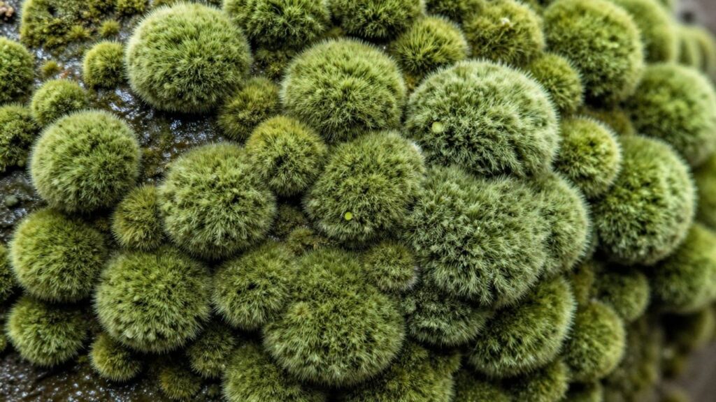 Close-up of fuzzy green mold on a surface.