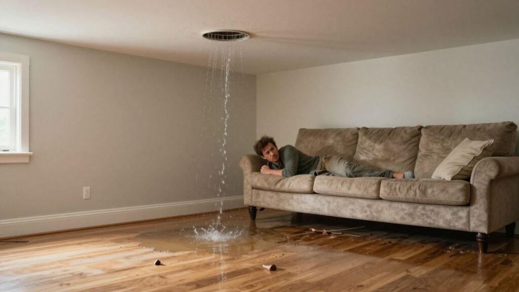 Homeowner surveys water damage in living room.