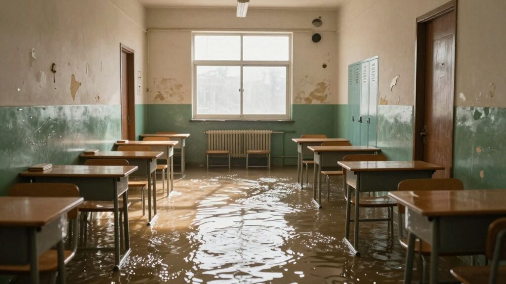 Flooded school hallway with water damage.