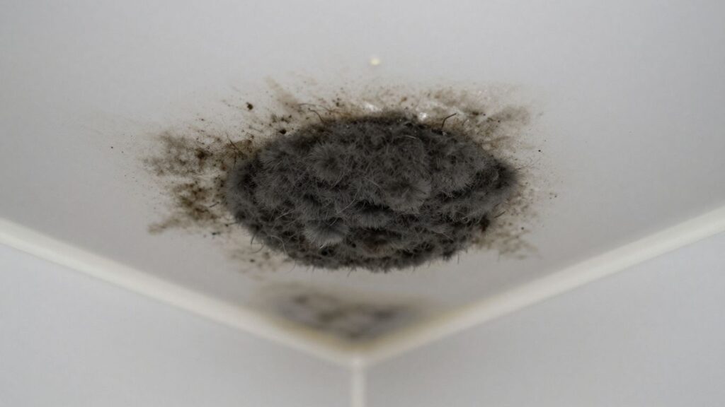 Black mold spreading on a bathroom ceiling.