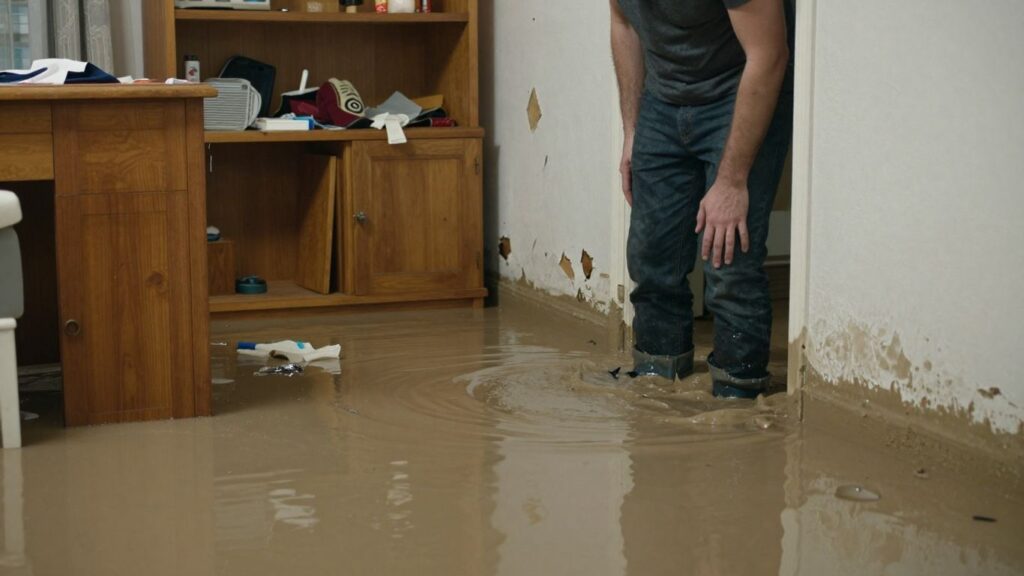 Flooded home interior with submerged furniture and distressed homeowner.
