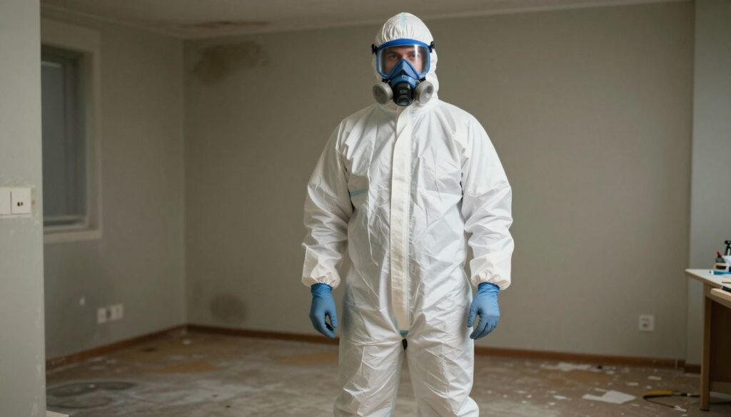 A certified mold remediation specialist in a white hazmat suit and respirator stands confidently in a clean, restored room, ready to help.