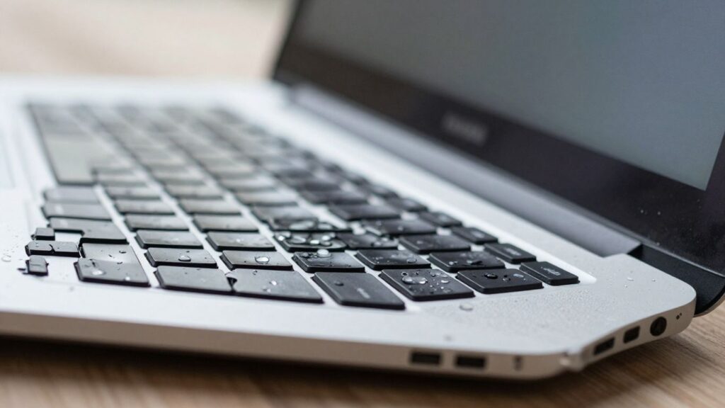 MacBook with water damage on keyboard and screen.