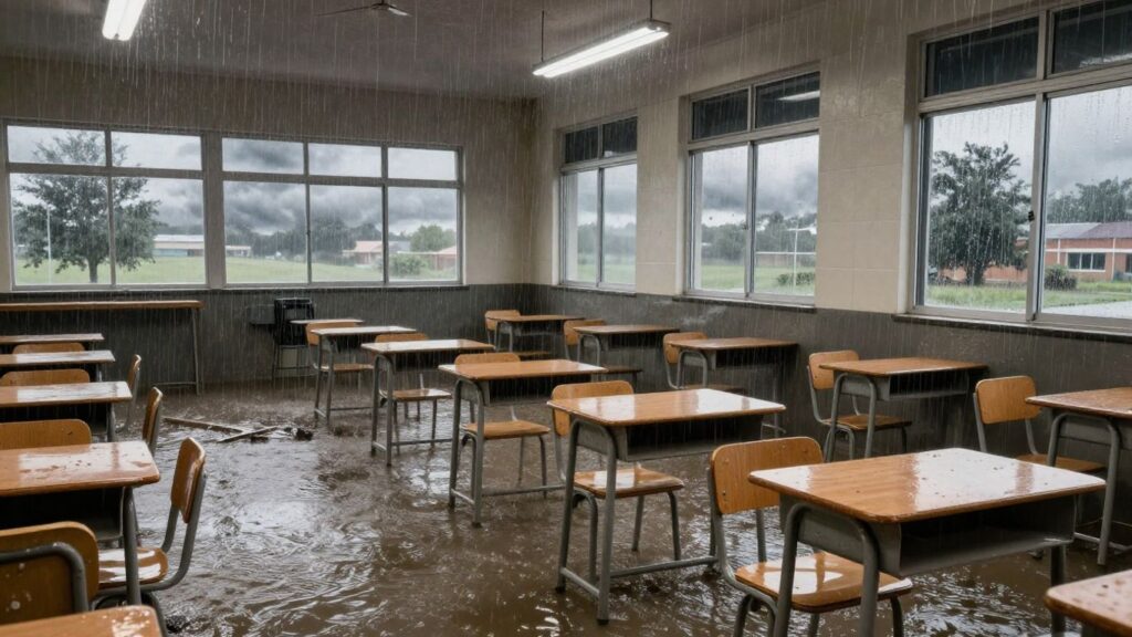 Flooded school building due to severe storms.