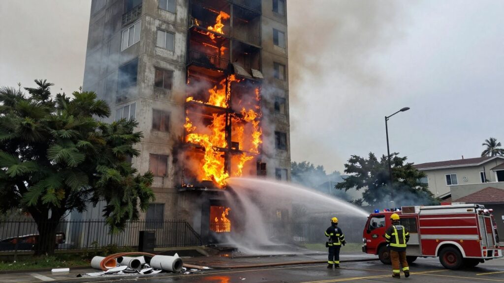 Apartment building engulfed in flames with smoke and firefighters.