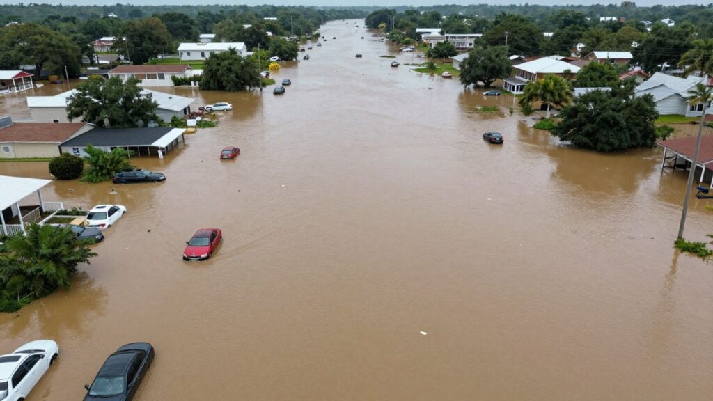 Flooded Brazoria County streets with submerged cars and debris.