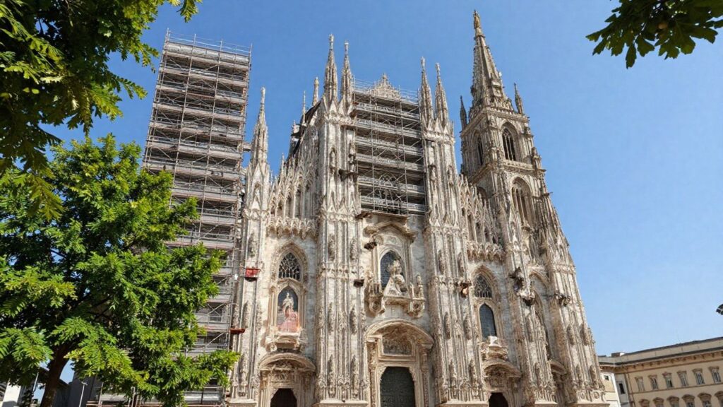 Historic cathedral undergoing restoration with scaffolding.