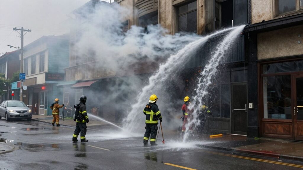 Firefighters battling blaze, water damage to businesses and hotels.