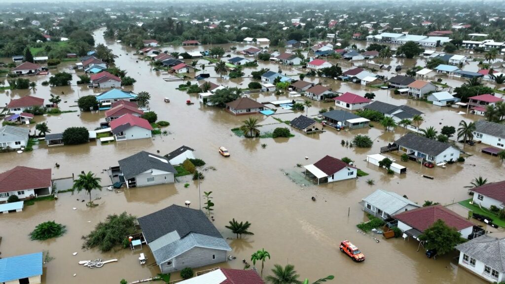 Flooded town with submerged homes and debris.
