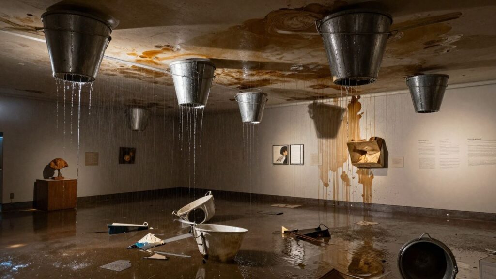 Water damage inside the Warner Bros. Museum.