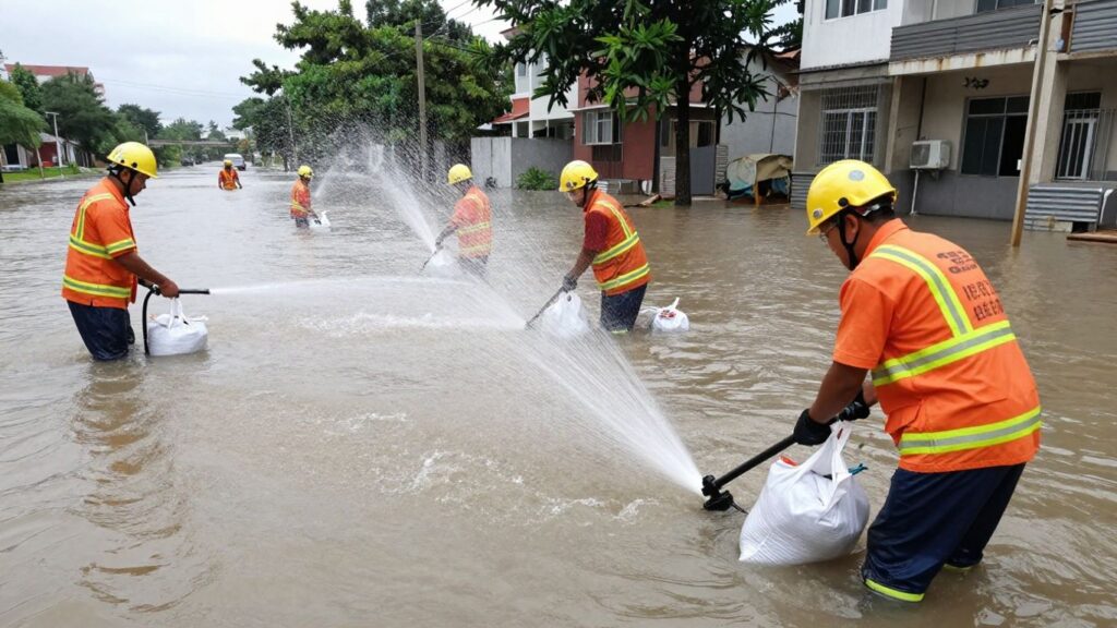Workers using pumps and sandbags in a city flood