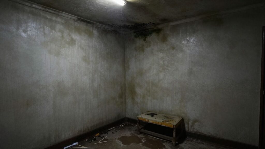 Water-damaged apartment with mold growth on walls.