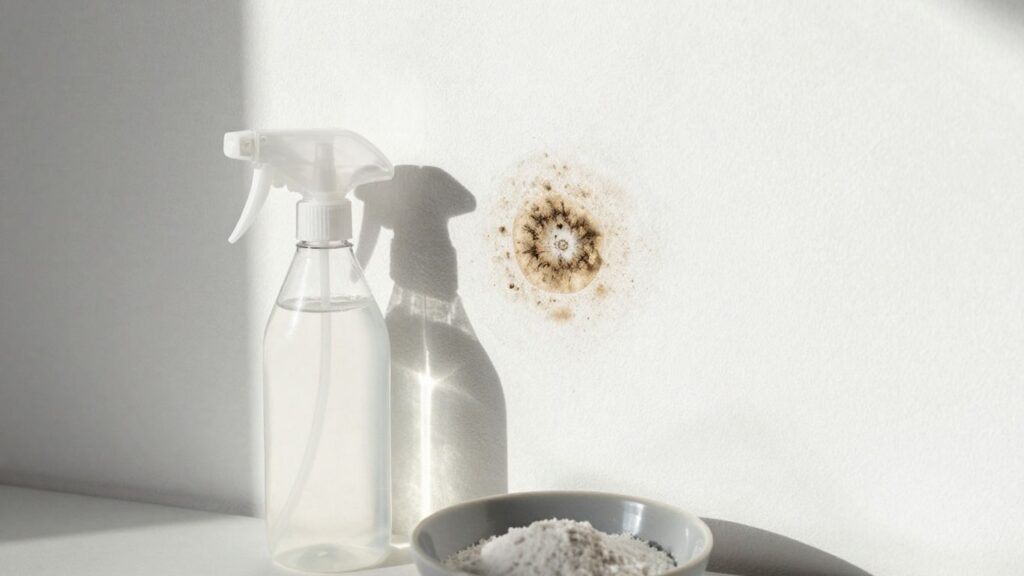 DIY mold killer spray bottle and natural ingredients on a clean wall.