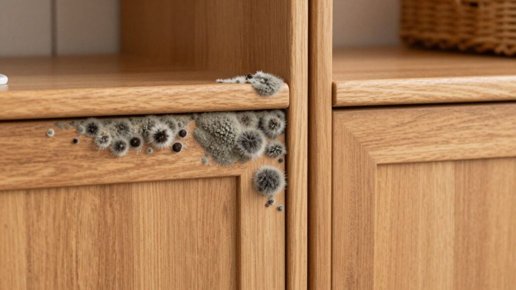 Moldy kitchen cabinet next to a clean one.