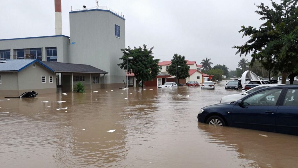Flooded city streets with damaged infrastructure and submerged vehicles.