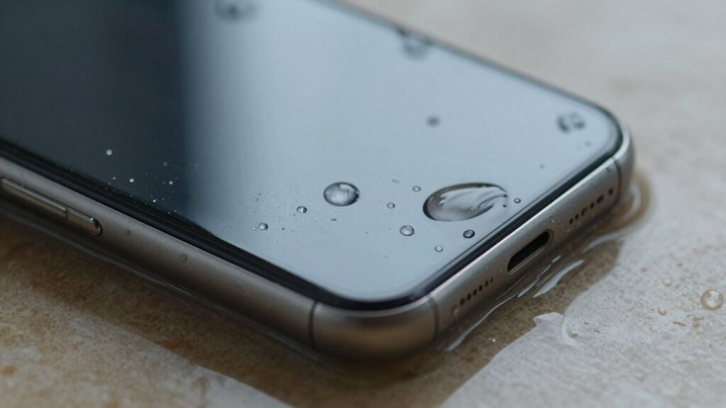 Wet smartphone screen with water droplets.