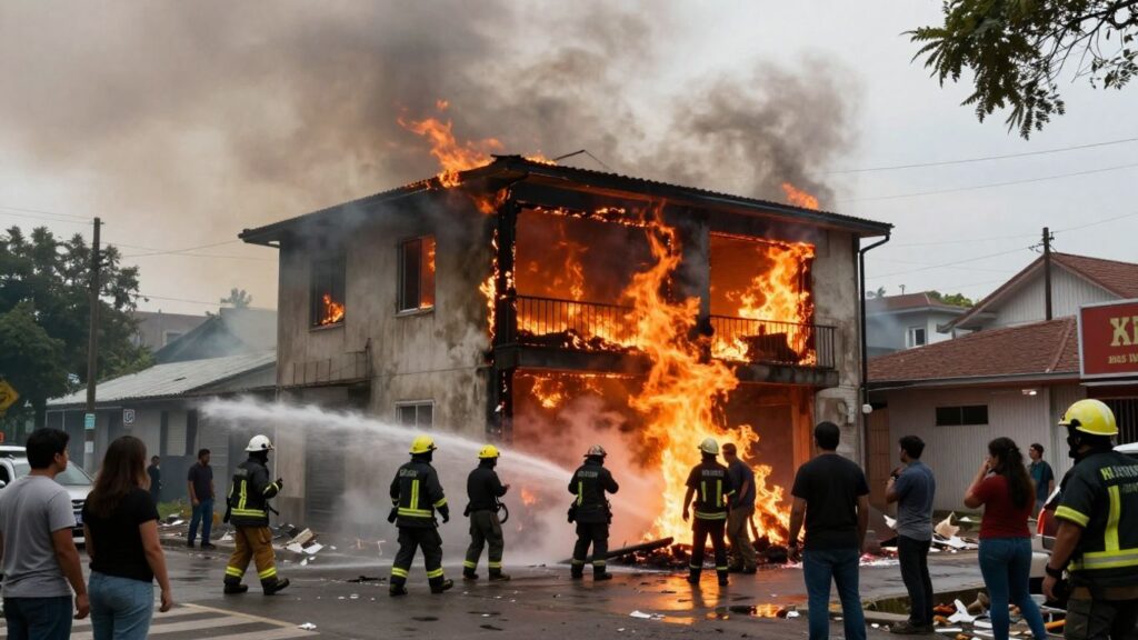 Apartment building fire with smoke and water spraying.