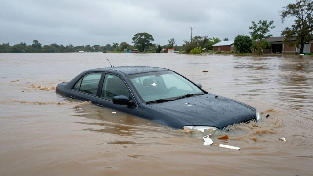 Submerged car in floodwaters, reflecting overcast sky.