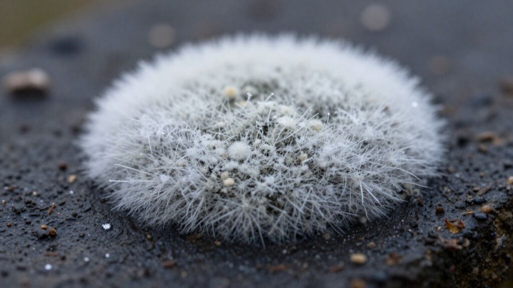 Mold growth with frost on a dark surface.