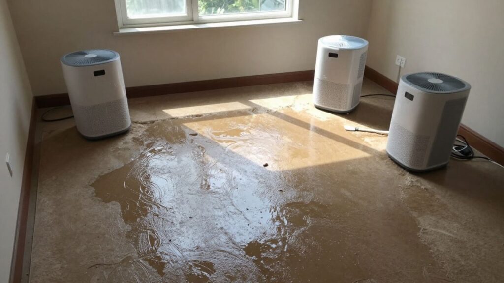 Drying a flooded carpet with fans and dehumidifiers.
