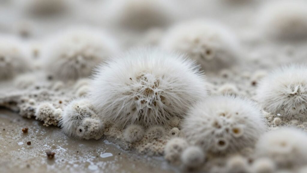 Close-up of white mold on a surface.