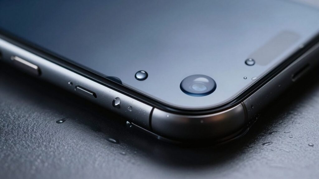 Smartphone submerged in water, close-up shot.