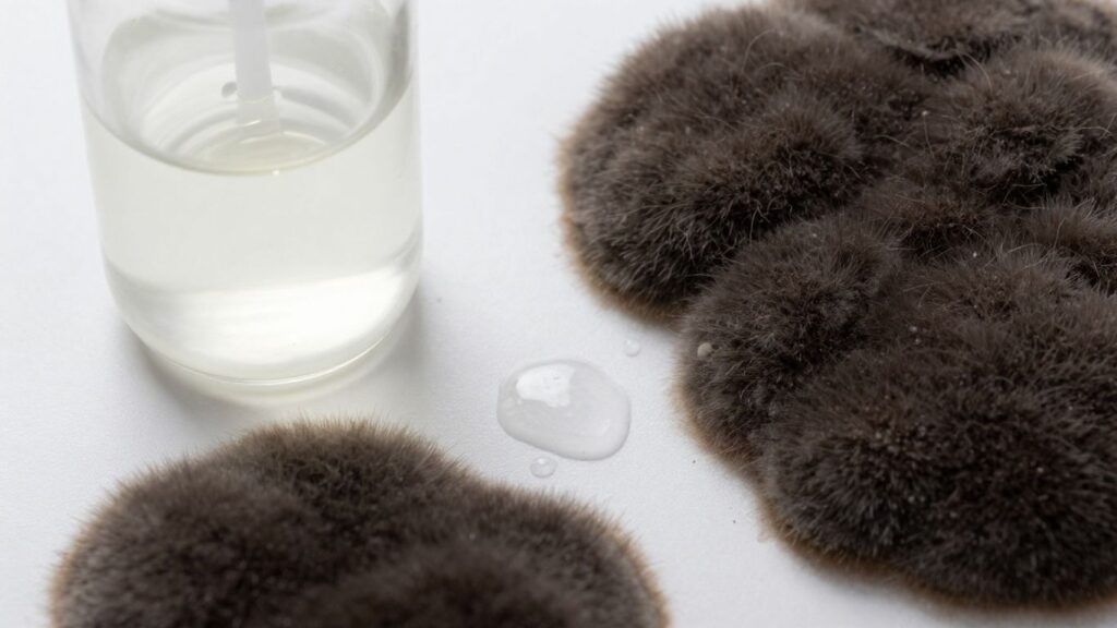 Vinegar spray bottle near mold on a surface.