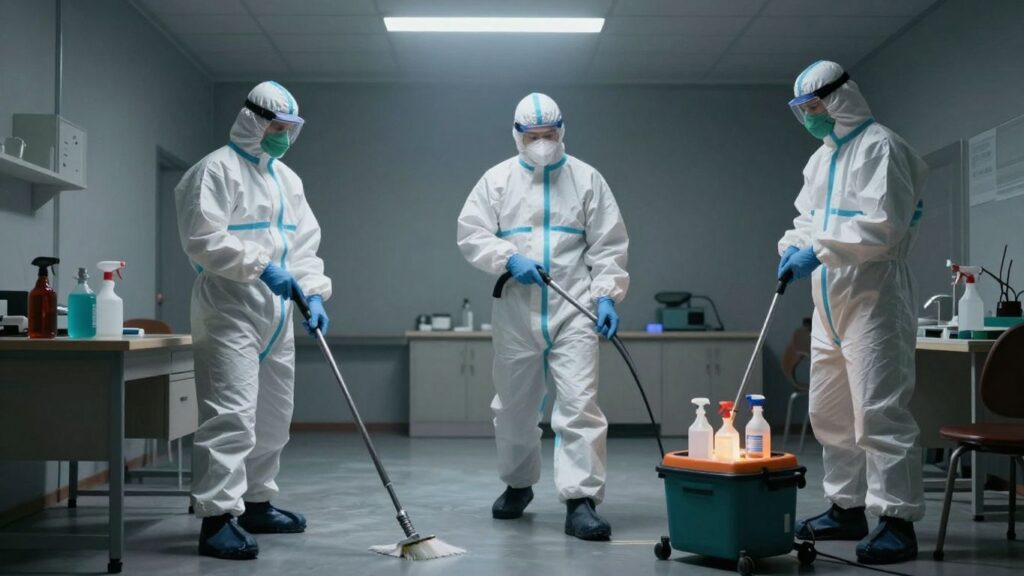 Biohazard cleaning professionals in protective suits.