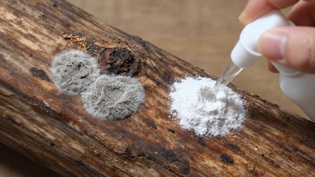 Wood mold removal with spray and powder
