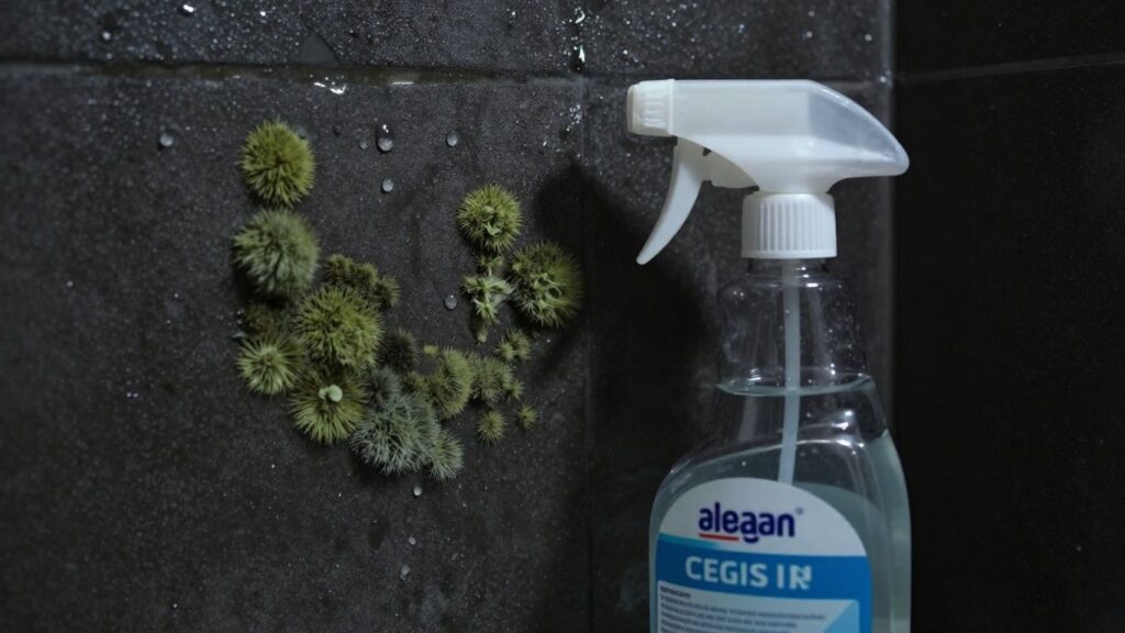 Bleach spray bottle near mold on bathroom wall.
