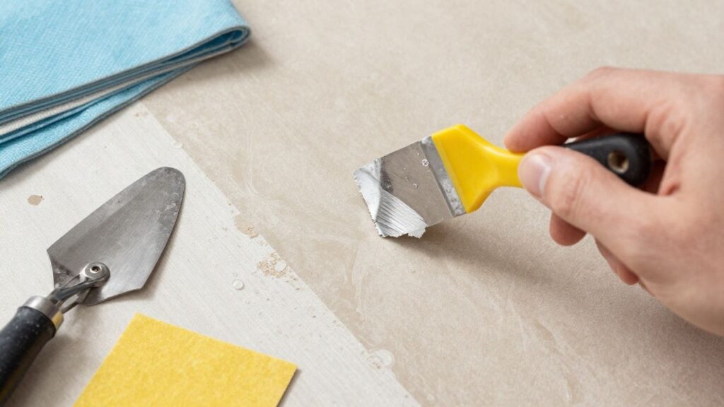 Repairing water damaged drywall with tools.