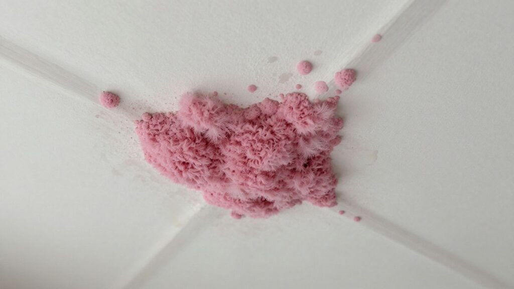 Pink mold growing on a white ceiling with water stains.