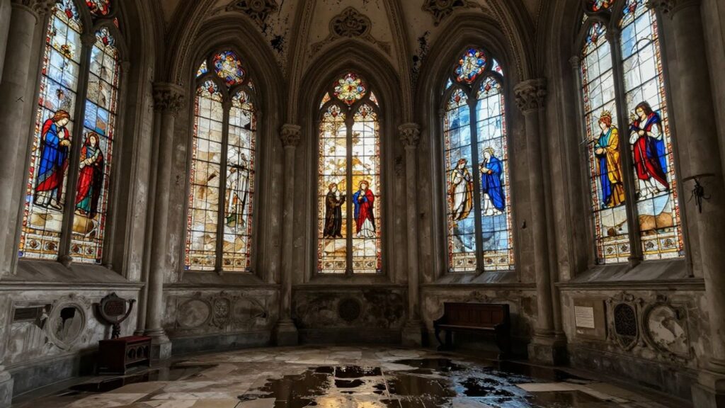 Cathedral interior with water damage and stained glass.