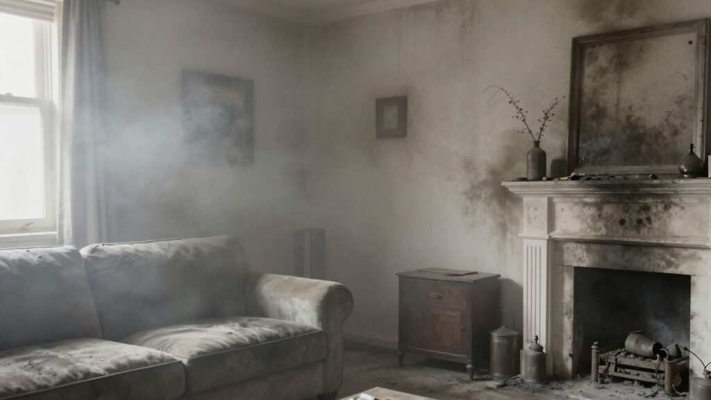 Soot-covered home interior with faint smoke.