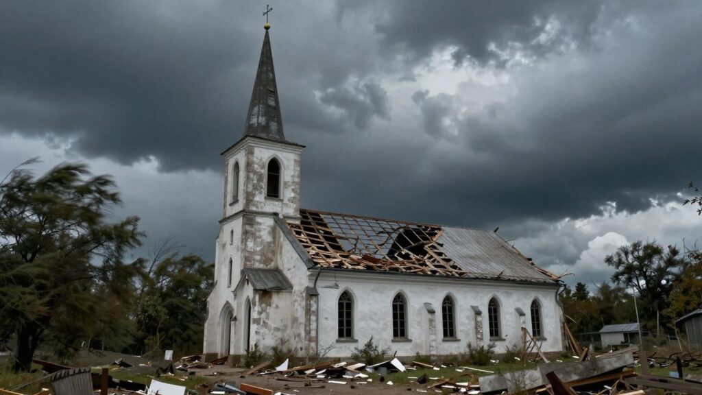 Damaged church steeple and roof after severe storm in Jessamine County.